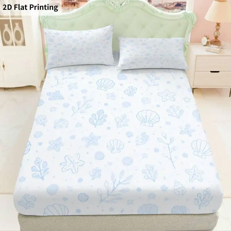3Pcs Seashellspastelblue Fitted Sheet Three Piece Set (1*Fitted Sheet + 2*Pillowcases, Coreless), Bedding Set