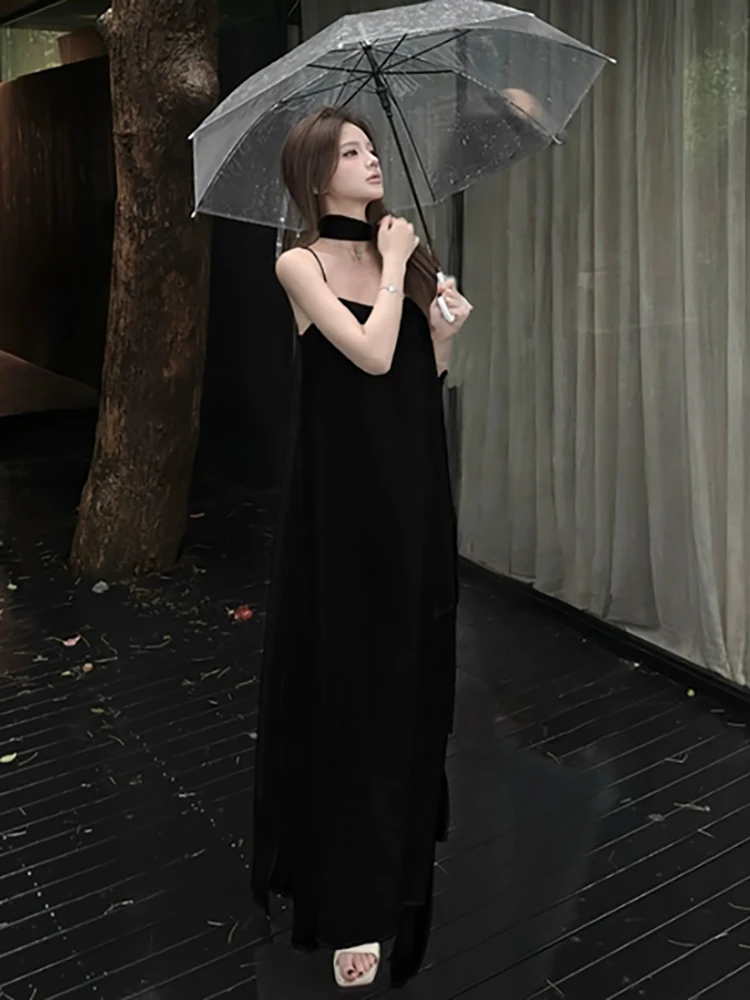 RORIRI Desire ผ้าพันคอสีดําคอ Camisole ผู้หญิงวินเทจซาตินหลวม A-Line Draped ชุดยาวฤดูร้อนวันหยุดเสื้อผ้า