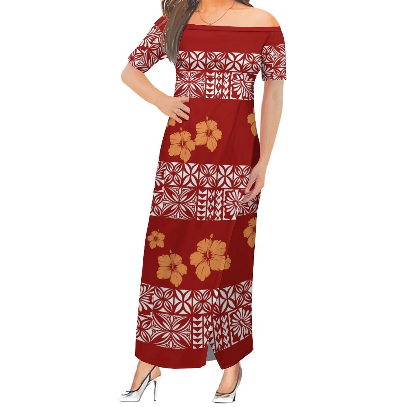 

Polynesian Tribe Custom Women'S Off-The-Shoulder Dress Hawaiian Floral Print Party Short Sleeve Sheath Slit Maxi Dress