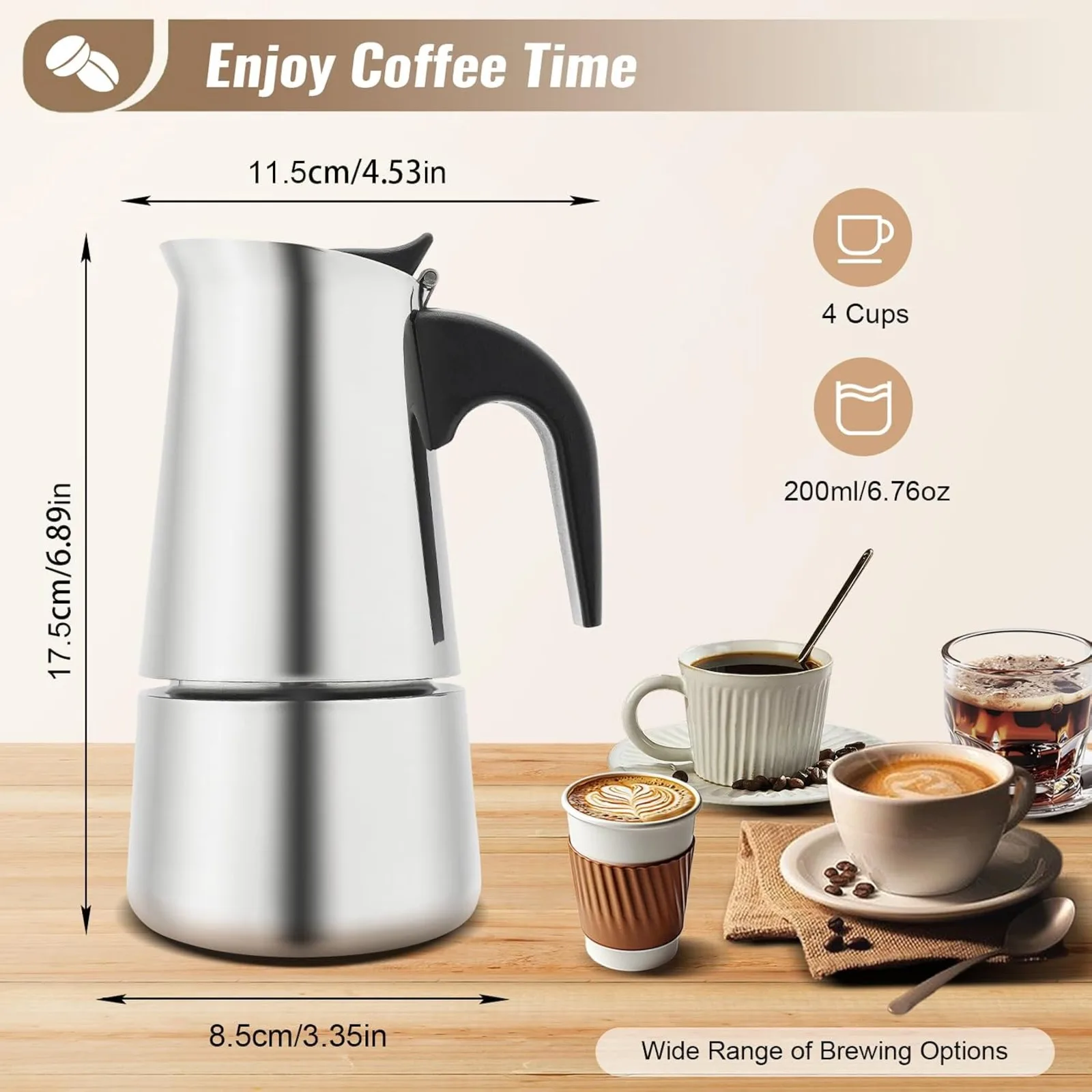 BYMAOCAR Stainless Steel Stovetop Coffee Pot Italian Espresso Maker Durable Stove Top Moka Pot Coffee Brewing Tool For Office Bar Restaurant Lounge Daily Coffee Making