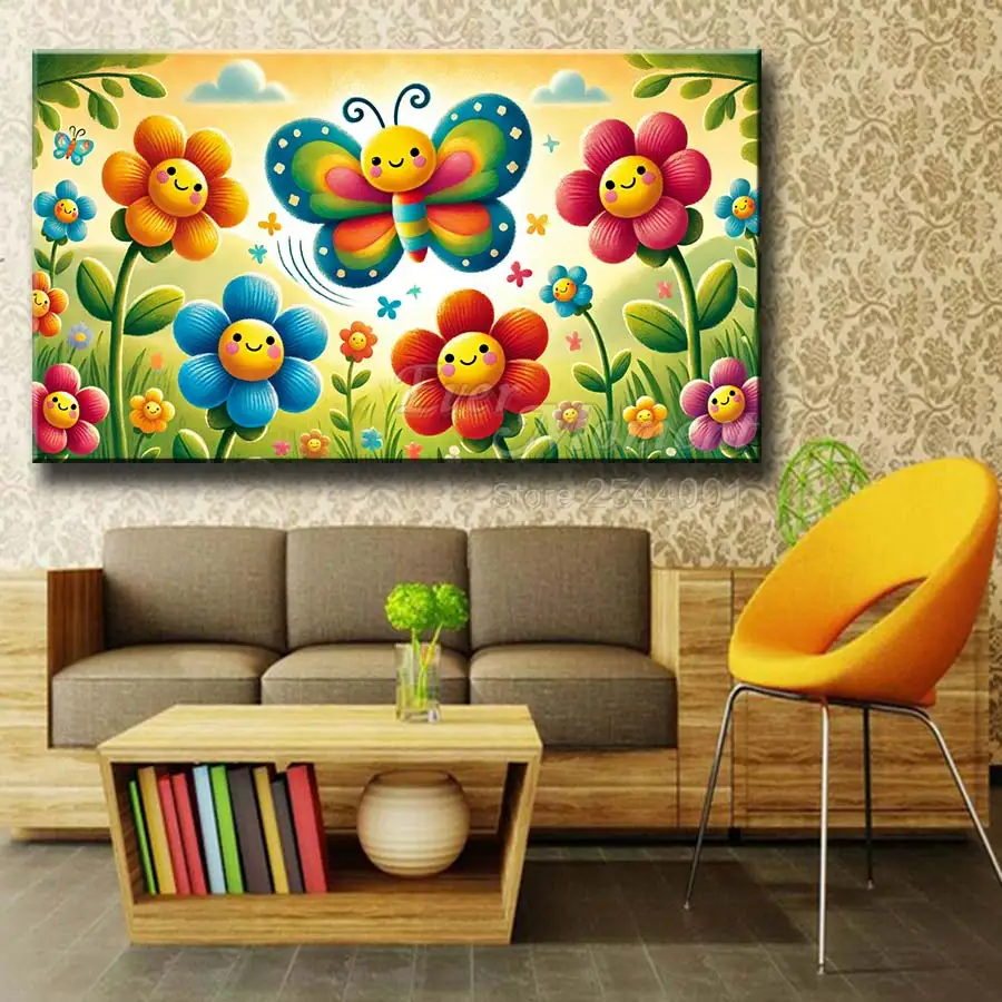 Cartoon Smiling Flower with Butterfly Landscape Diamond Painting with AB Drills DIY Diamond Kit ASF2971