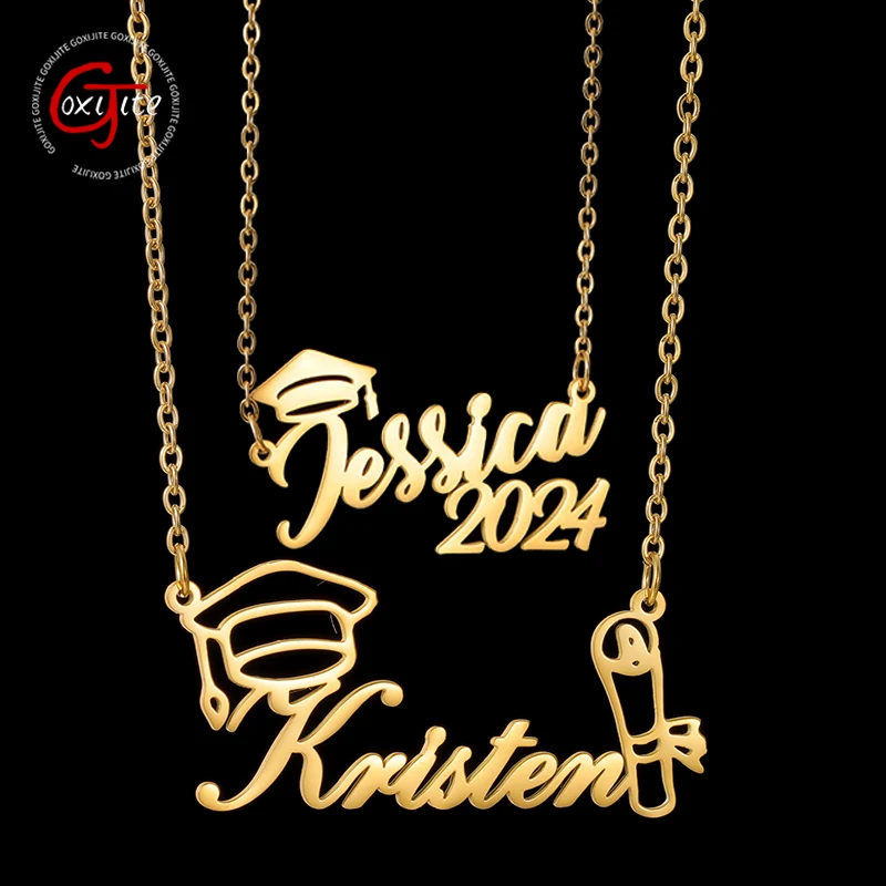 

Goxijite Customized Name Bachelor's Hat Necklace Stainless Steel Personalized Letter Date Graduation Season Jewelry Gifts