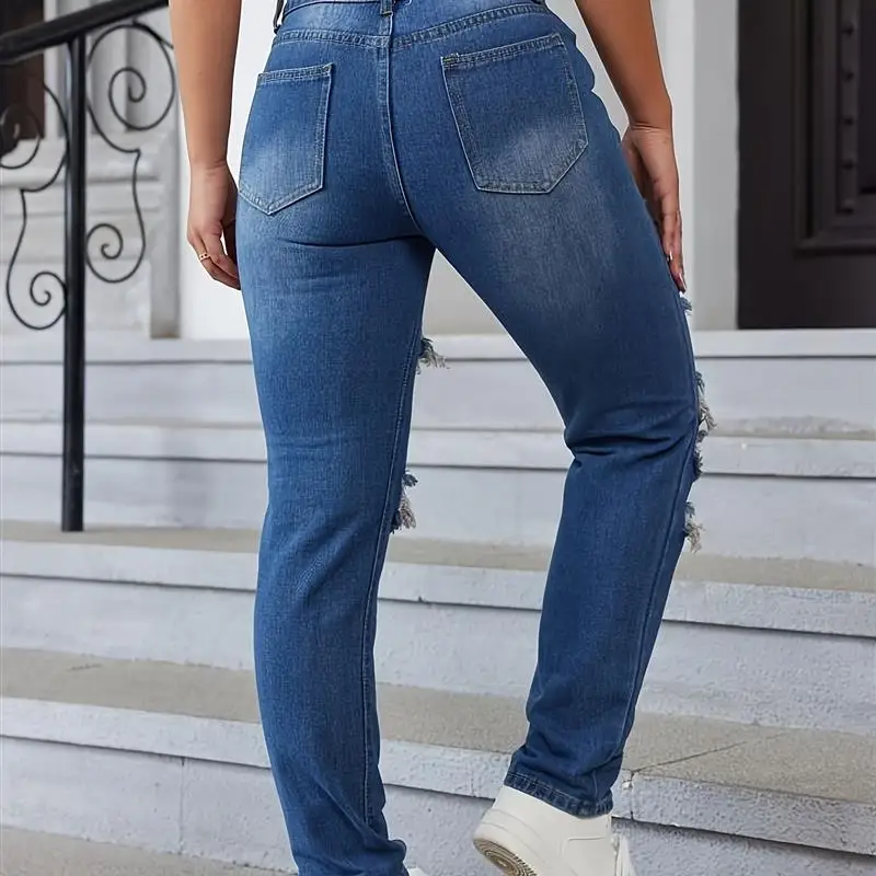 Casual Waed rasgado pierna recta Street Sle pantalones vaqueros no potenciadores pantalones largos azules para mujer colección de invierno