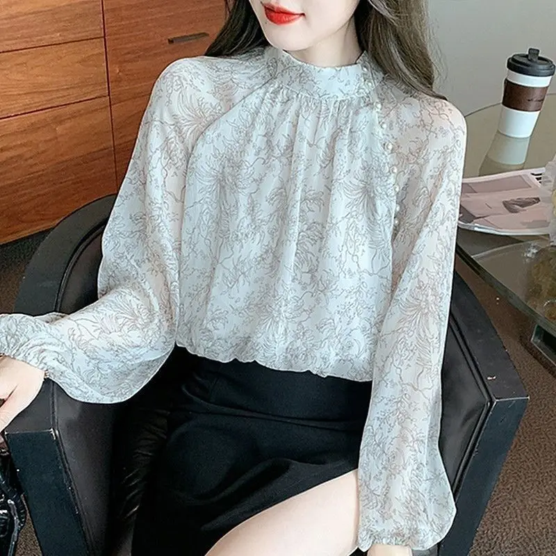 Spring Autumn Fashion Printed Long Sleeved Chiffon Shirt for Women\'s Loose Age Reducing Temperament Youthful Versatile Chic Top