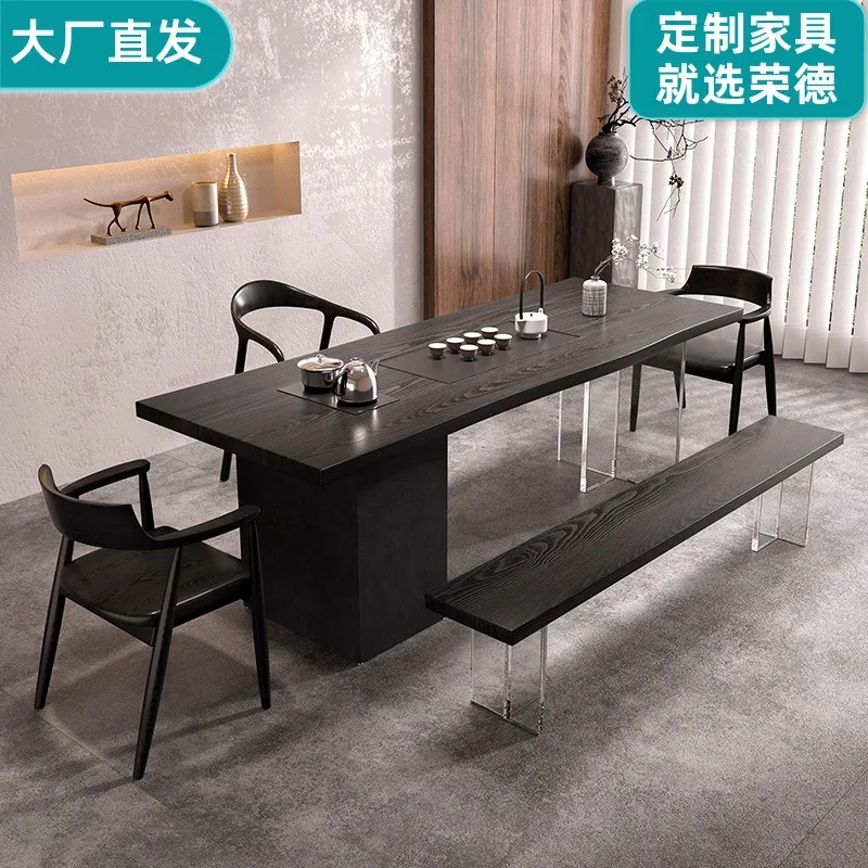 

Обеденный стол из углеродистого карбонизированного черного массива дерева, большой, с акриловой подвеской в стиле ваби-сэнд, с эффектом градиентной изменения цвета.