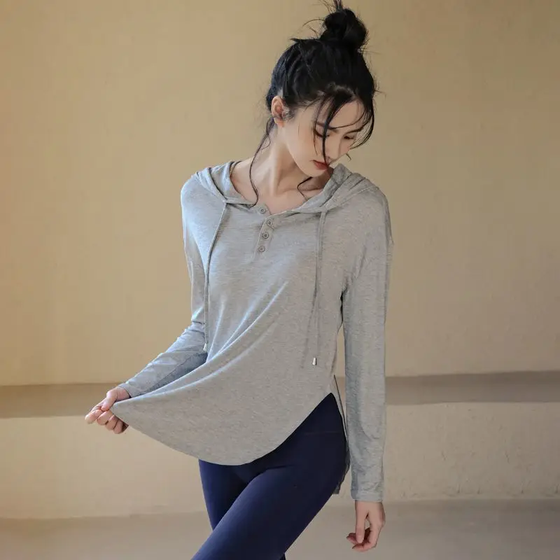 Sportswear Women Long Sleeve Hooded Solid Drawstring Button Fly Loose Side-slit Yoga Tops Spring Running Fitness Slim Quick Dry