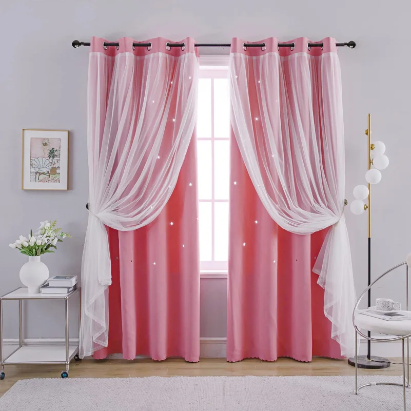 

1pc Pink Color Luxury Double Layer Curtains With Sheer Fabric, for Living Room ,Bedroom, Blackout,Blocks UV