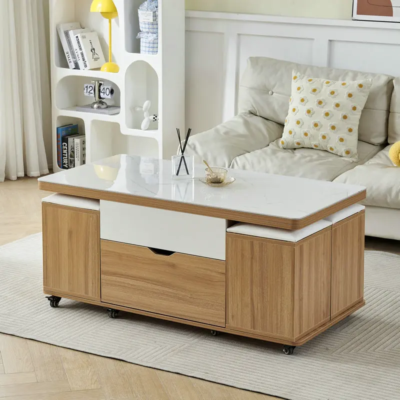 Small Apartment Heightened Telescopic Storage Rock Slab Lifting Coffee Table Dining Table Dual-purpose with Stool
