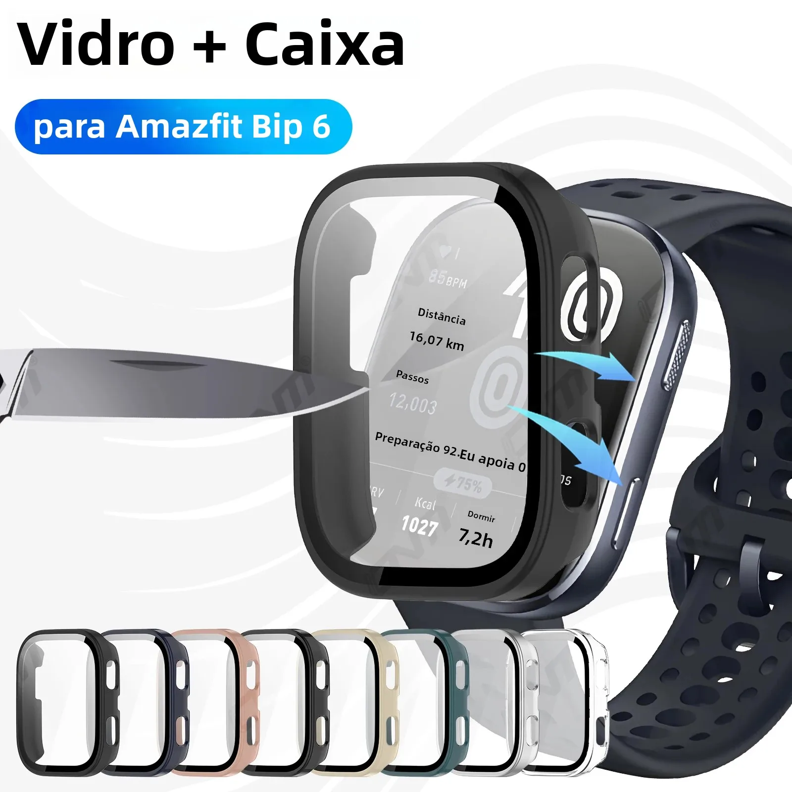 Vidro + capa para amazfit bip 6 protetor de tela de vidro temperado e amortecedor protetor de pc rígido para acessórios amazfit bip6