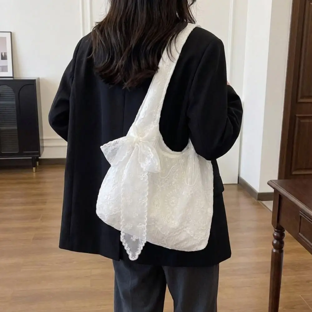Mit Seidenschal, Blumendruck, Spitze, Handtasche aus Segeltuch, leicht, im koreanischen Stil, Tragetasche, vielseitige Unterarmtasche, für Schule, Arbeit, täglichen Gebrauch