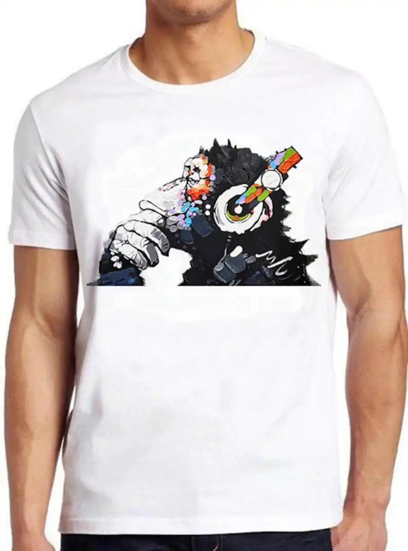 

DJ Monkey Thinker with Headphones Banksy Fashion Art Retro Funny Parody Gift Tee T Shirt 1542