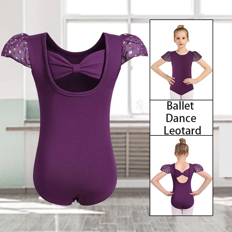 여자 어린이 기본 발레복, 반짝이는 러플 소매와 예쁜 뒷 리본이 있는 여자 체조 상의, 댄스 레오타드
