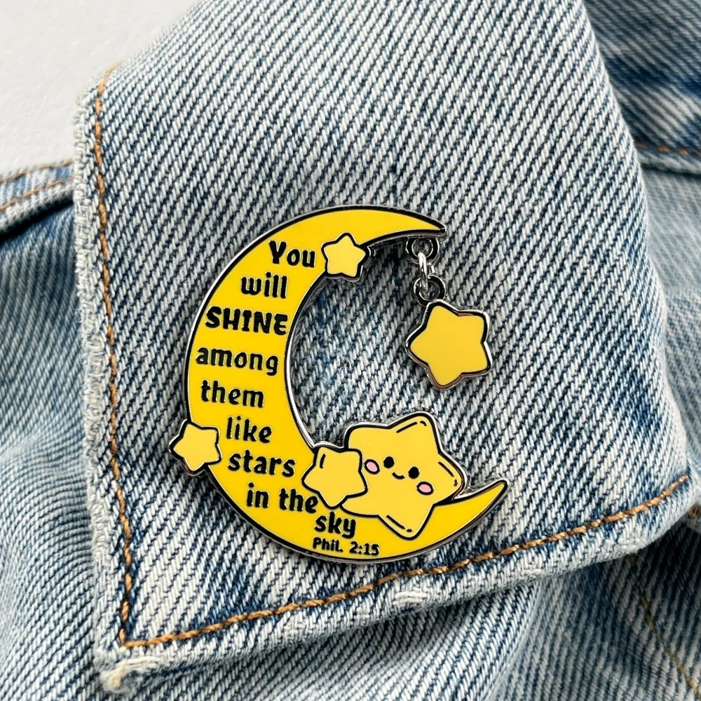 Bible Quote Metal Brooch Cute Moon Star Enamel Pin Christian Religious Badge Verses Quotes Backpack Decoration Lapel Pins Gift