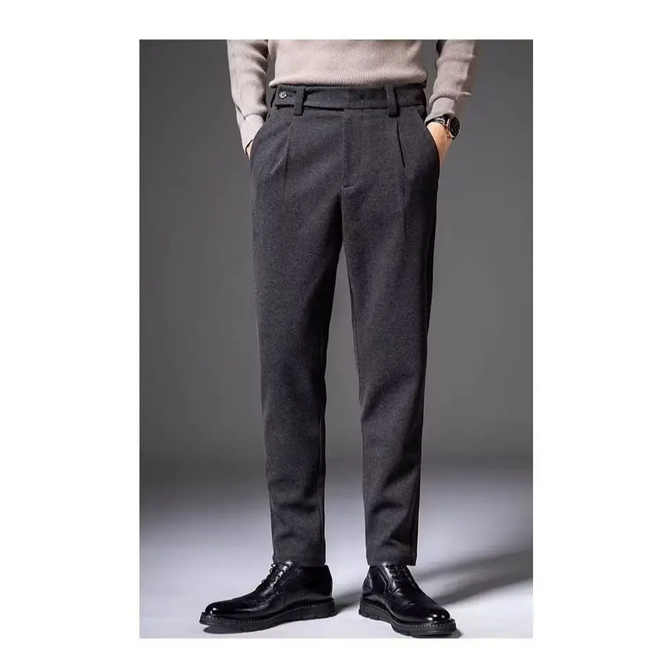 

Korean Fashion Woolen Suit Pant Men Waist Button Straight Trouser Autumn Winter Business Casual Loose Light Mature Style Pants