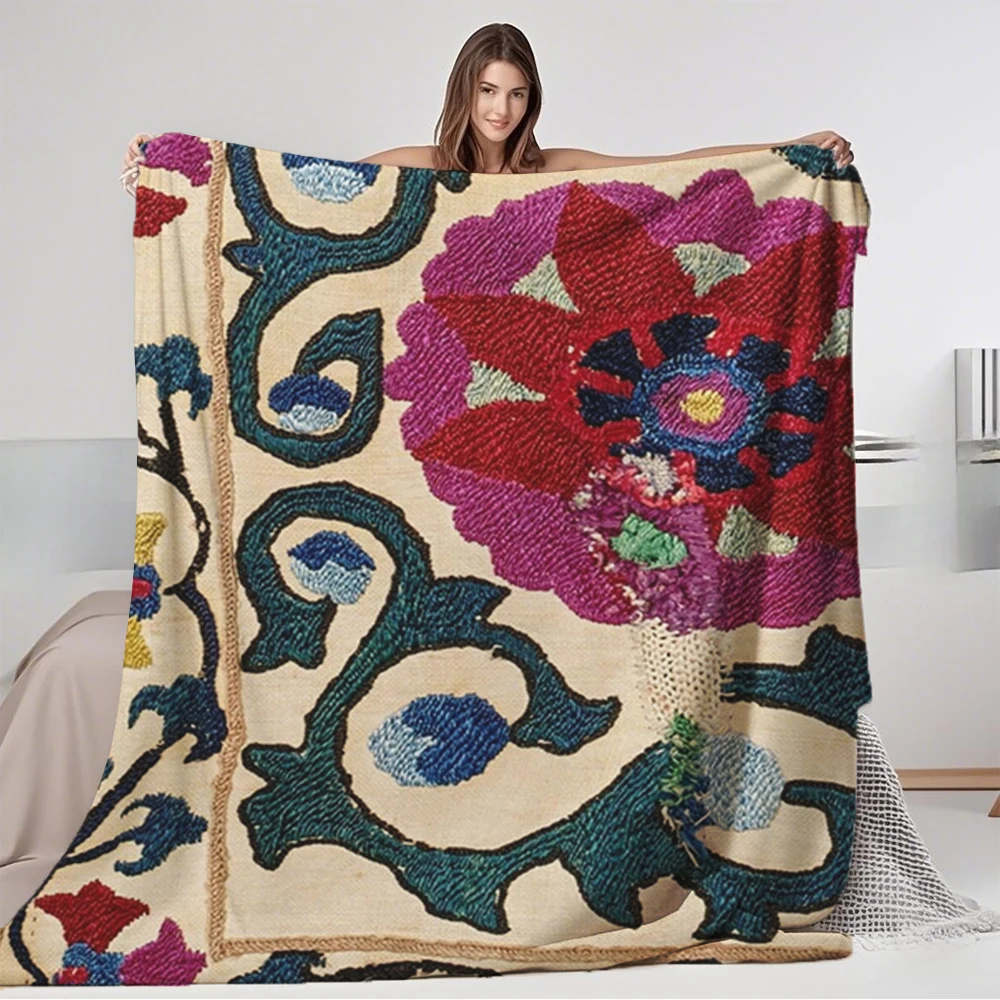 

Moisture-wicking Flannel Blanket Shakhrisyabz Suzani Joynamoz Uzbekistan Bohemian Design Thermal Blanket Travel Blanket
