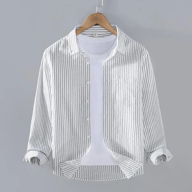 

Men's Vertical Striped Long Sweed Shirt Youth Style Cotton Blend Thin Spring Summer Casual Shirt with Pocket Clean Fit