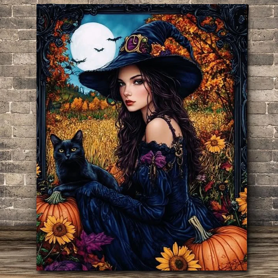 

Diamond Embroidery Witch Girl Mosaic Pumpkin Moon Cross Stitch Painting Tree New Arrival Picture Rhinestones Wall Art