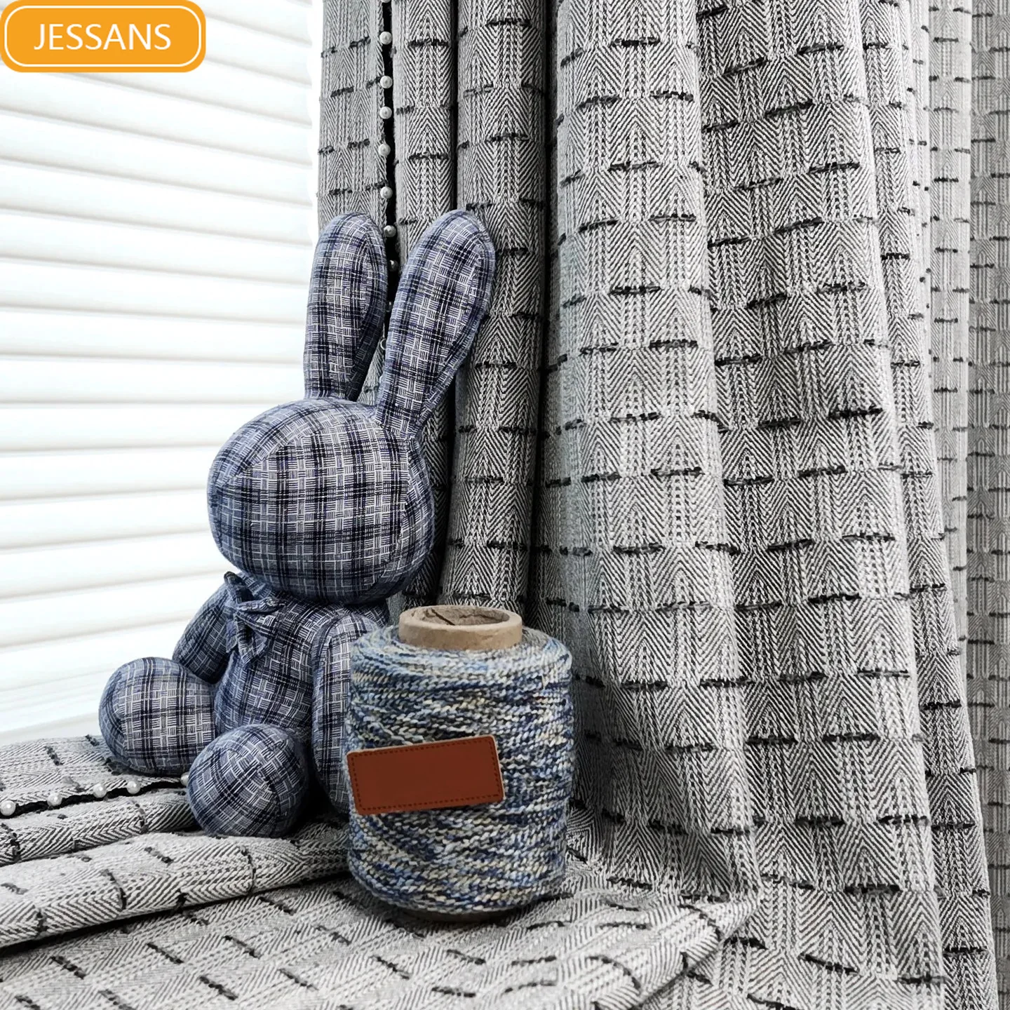 New Grey Woven Herringbone Pattern Wool Jacquard Pearl Lace Curtains for Living Room Bedroom French Window Customized Finished