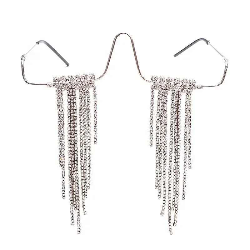Frameless metal long fringed diamond swing glasses, European and American trend personalized no-piece decorative glasses frame