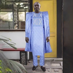 H&D South African Traditional Wear Formal Attire Bazin Riche Dashiki Outfits Wedding Blue Shirt Pants Robe Suit Agbada Ramadan