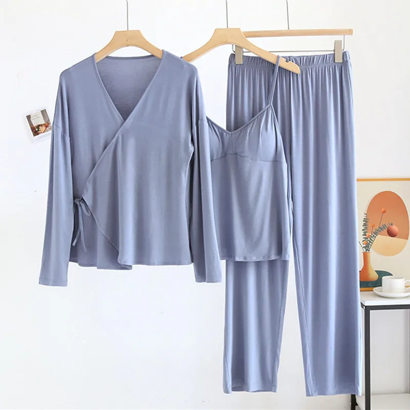 

Comfortable Spring Autumn Pajamas Women's Modal Three-Piece Set Long-Sleeved Cardigan Suspenders Trousers Sleepwear Home Suit