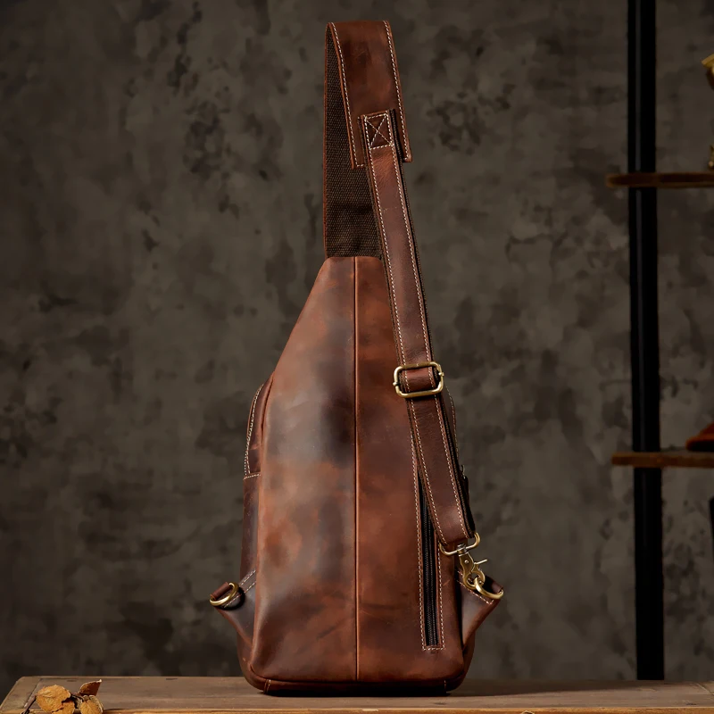 Vintage Genuine Leather Chest Bag Men High Quality Crazy Horse Leather Cross body Sling Bag Casual Outdoor Sport Shoulder Bag