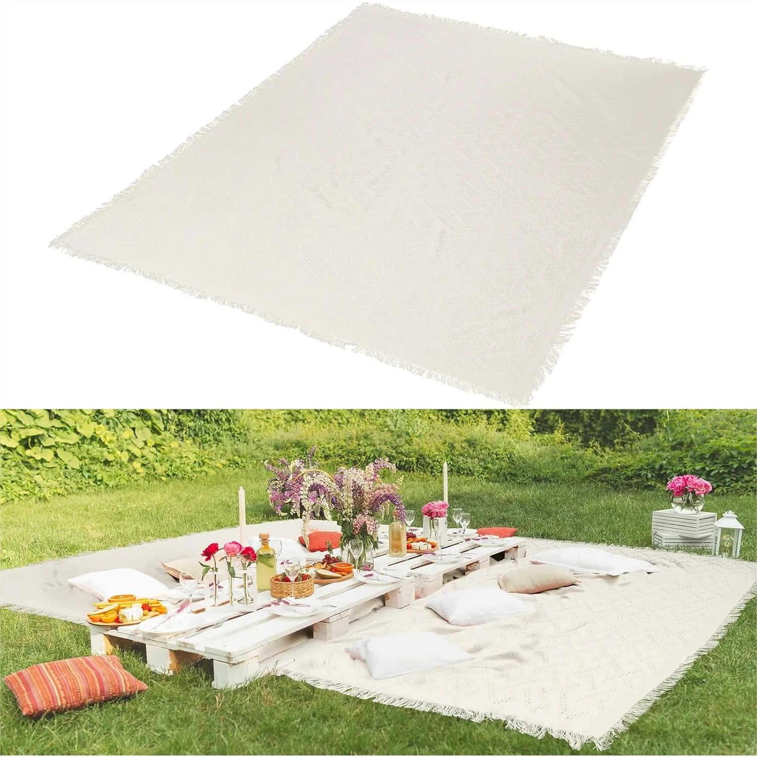 

Extra Large Outdoor Picnic Blanket Oversize Woven Cotton with Fringe Machine Washable Sandproof for Beach Camping Park