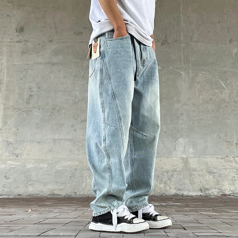 

American Retro Loose Straight Leg Cone Denim Jeans Men's Patchwork Casual Wide Leg Long Pants Leisure Cotton Polyester Blend