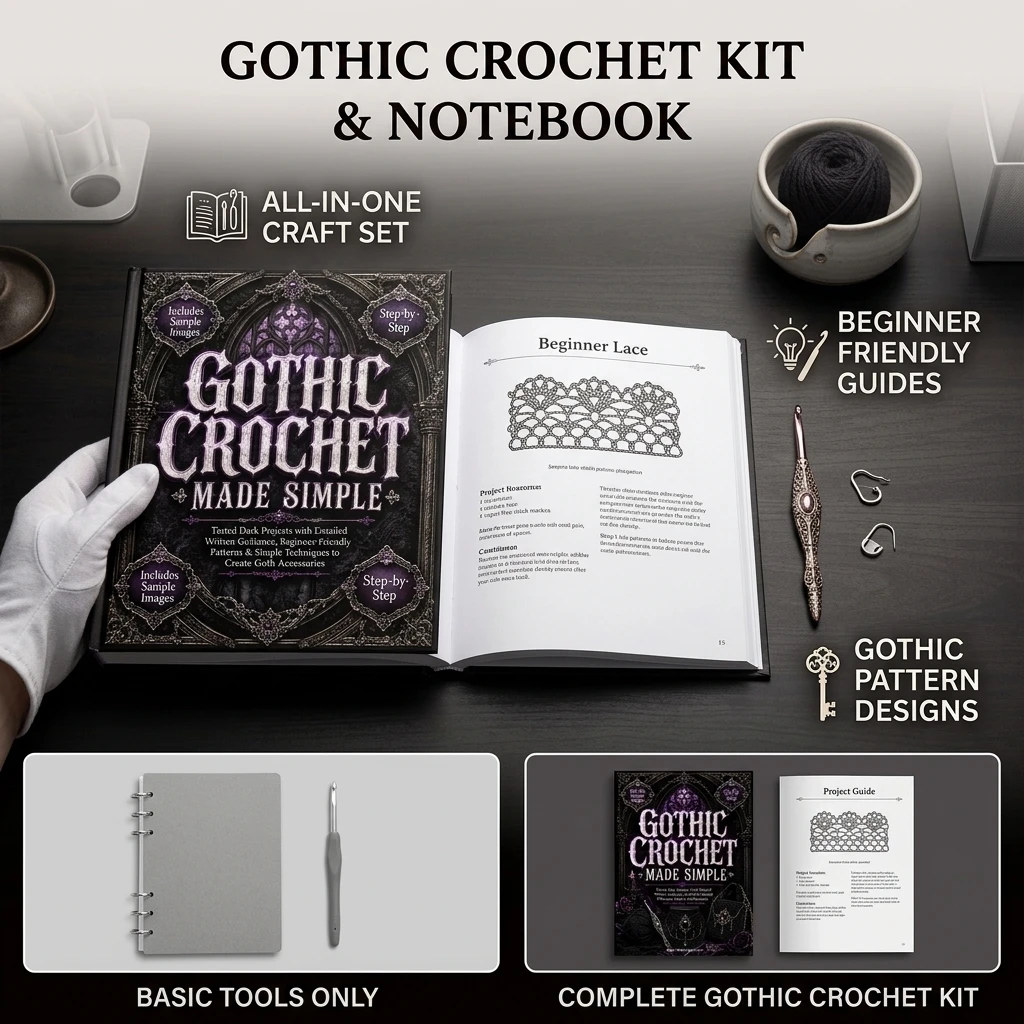 Crochet Notebook Gothic Style Craft Journal for Beginners DIY Pattern Planner Paper Book Vintage Dark Aesthetic Gift Item