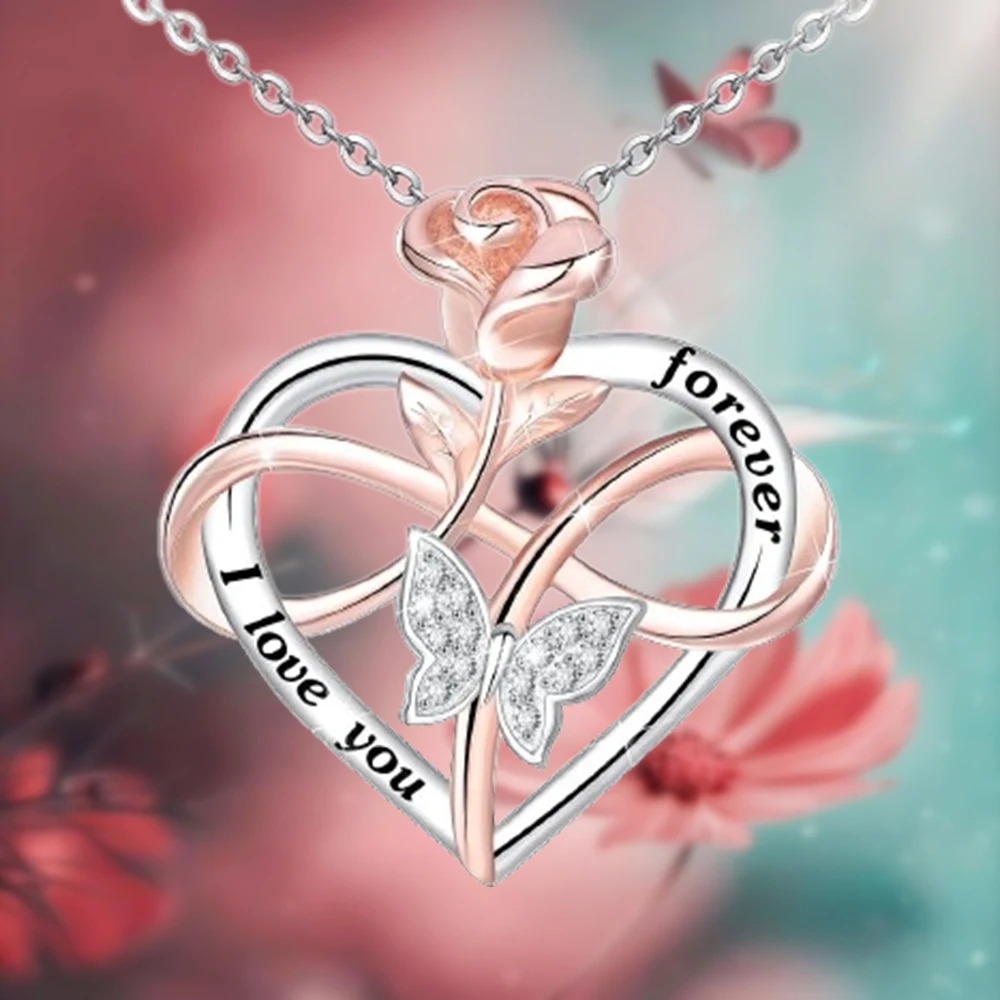 Elegant Heart-shaped Rose Surround Pendant Necklace, Exquisite Ladies' Jewelry, Queue Accessories, Lover's Love Gift