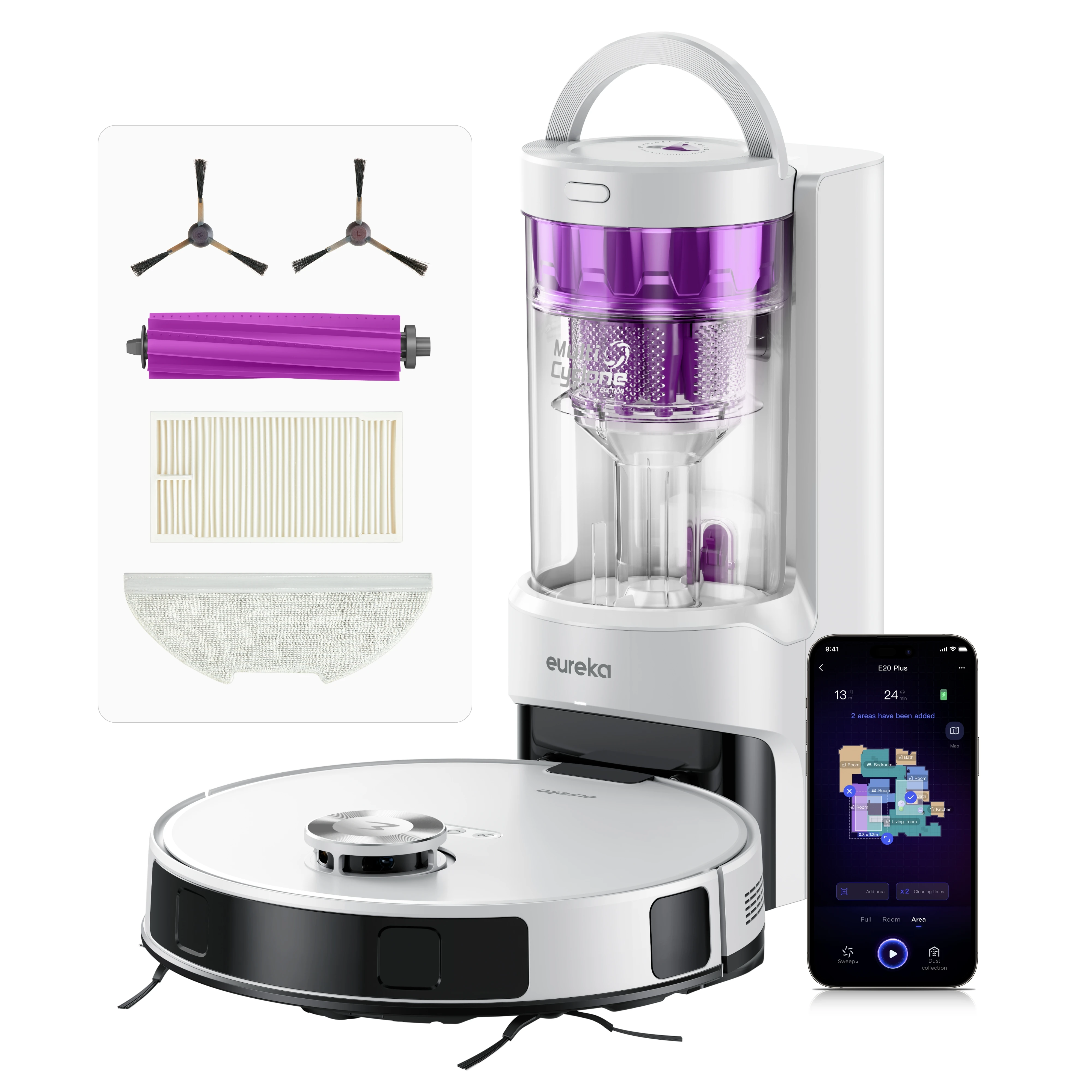 مكنسة كهربائية روبوتية ذاتية التفريغ E20+ 8000 Pa من Eureka، عمر بطارية 180 دقيقة، DuoDetect AI لتجنب العوائق ثلاثية الأبعاد
