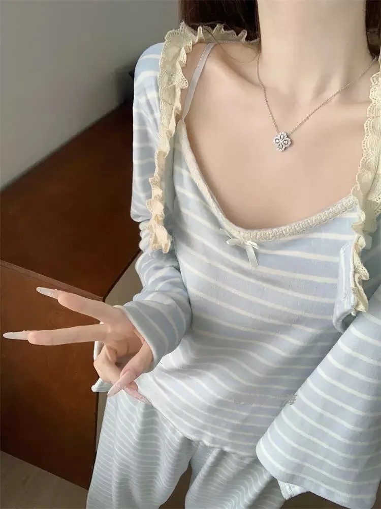 

Spring Autumn Korean Sle Striped Long Sve Women's Spwear Loose Home Clothes Set with Chest Pad Japanese Sle