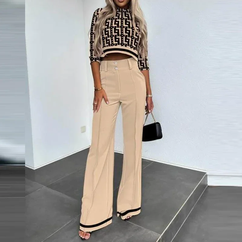 

2024 Women Commuter Temperament Half Sleeve Leaky Umbilical Top High Waist Wide Leg Pants Set Fashion Business Daily Lady Suits