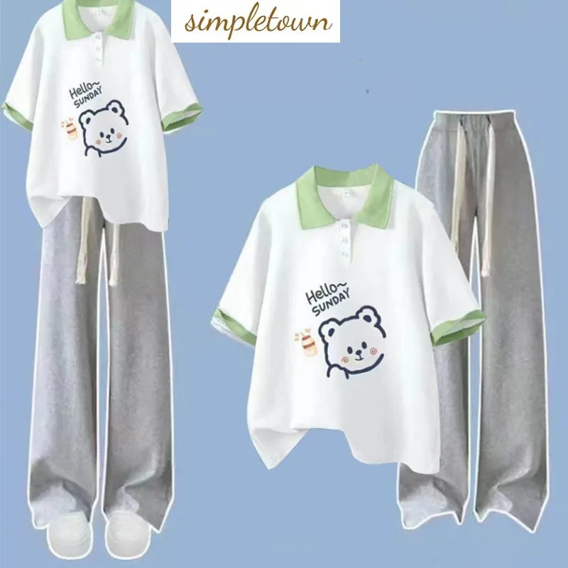 Summer girls' short sleeved polo collar T-shirt+fashionable wide leg pants two-piece set