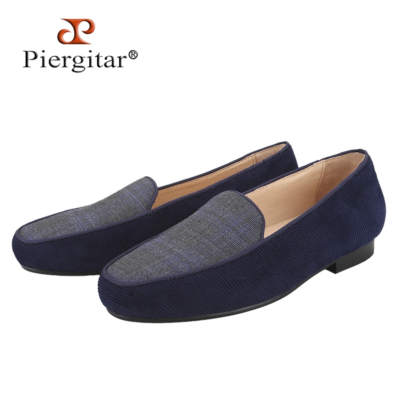 

Piergitar темно-синие вельветовые лоскутные шерстяные мужские лоферы в клетку, британские классические стильные тапочки без шнуровки для курения, кожаная стелька