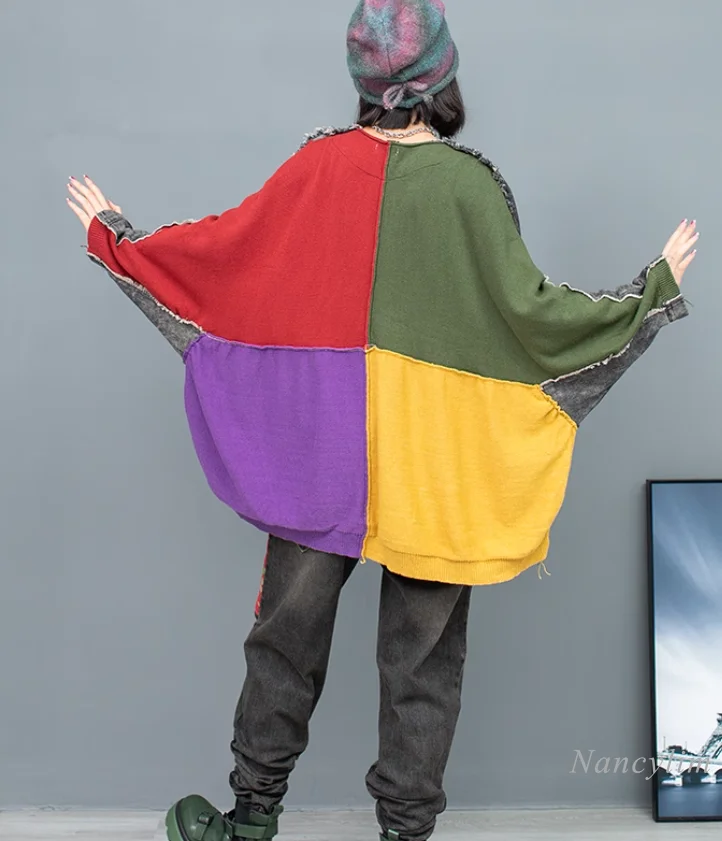 Retro Distressed Contrast Color Knitted Stitching Jeans Jacket Loose Coat 2024 Autumn Fashion Women's Oversized Coats