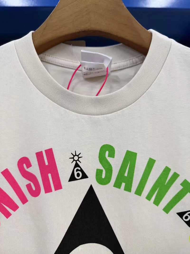 Vintage White Mx6 Saint Tshirts Circular Letter Logo Triangle NO.6 Print Cotton Round Neck Short Sleeve Men Women Street Outfit