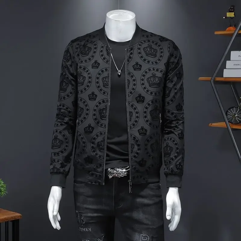 

Crown Vintage Jacket Men Spring New Mens Korean Slim Jacket Men Club Outfit Bomber Black Print Jacket Men Jaqueta Masculina