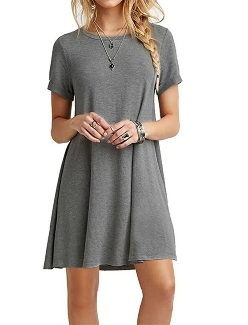 Women Mini Dress Summer Casual Boho Beach Dresses Solid Color O-Neck Short Sleeve Party A-Line Dress Vestidos