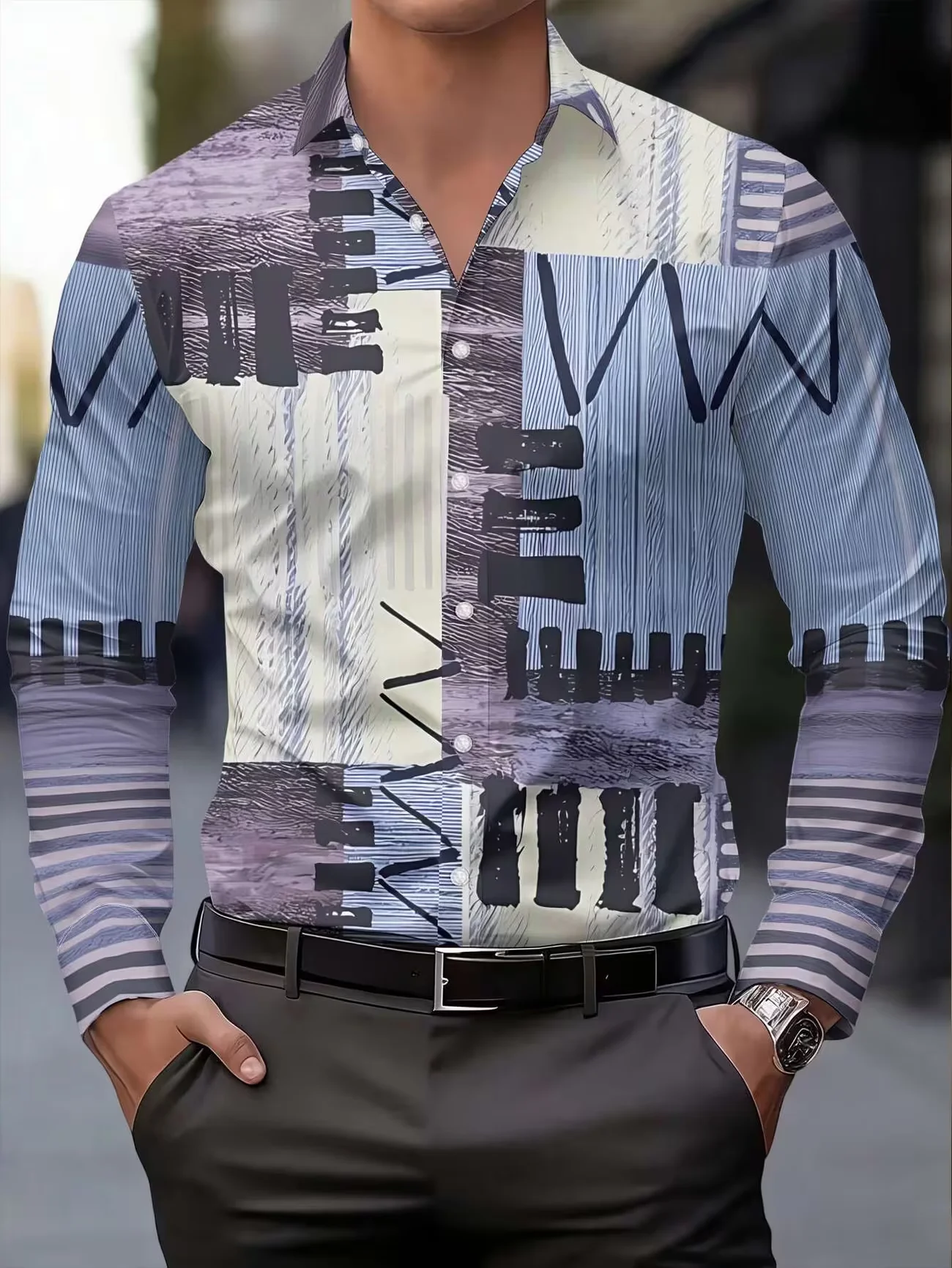 New khaki base tribal style geometric line print men's long sleeved shirt retro casual slim fit shirt