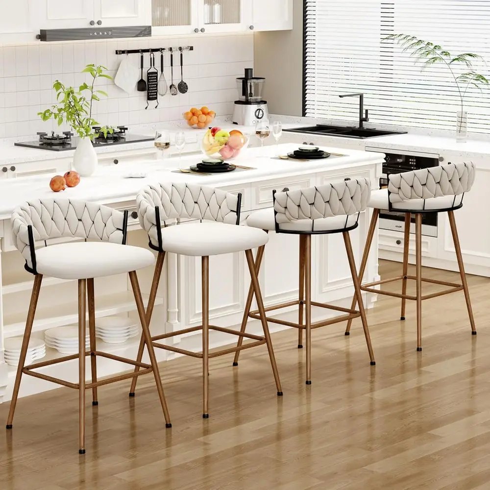 

Комплект из 4 барных стульев с обивкой и плетеной спинкой, велюровые стулья для кухни или столовой (цвет орех, 4 штуки)