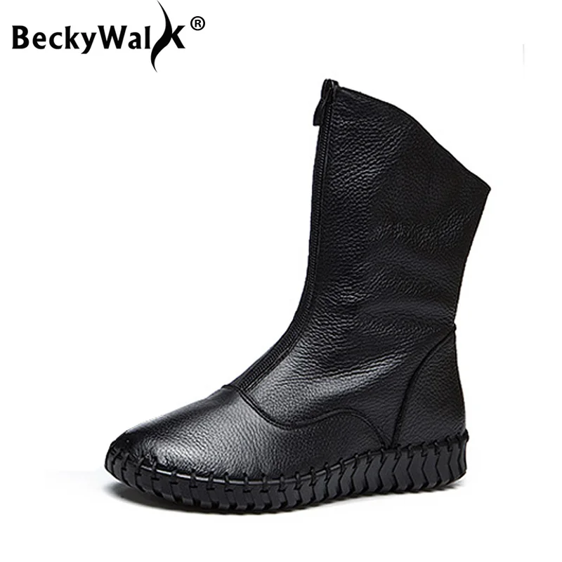 

BeckyWalk Large Size 41 42 43 Winter Women Boots Front Zipper Flat Mid-Calf Snow Boots Genuine Leather Botas Women Shoes WSH3072