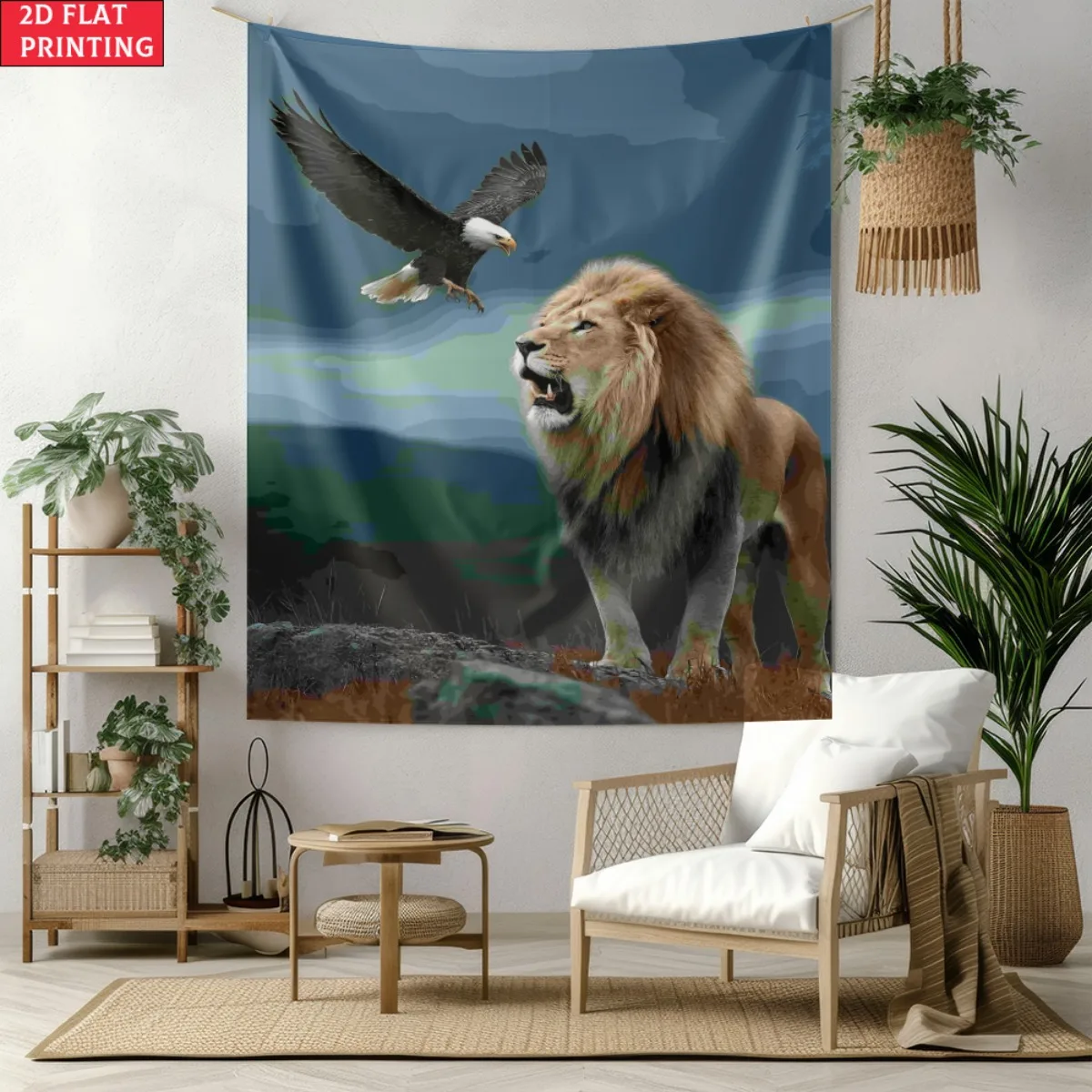 Lion and Eagle Tapestry Roaring Lion with Flying Bald Eagle Wall Hanging Wild Animal Room Decor suitable for use in offices bars