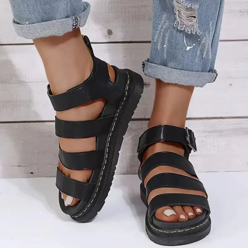 2024 Spot Large Summer New Thick Sole One Line Casual Roman Sandals Women\'s Cross Border Round Head Buckle Shoes