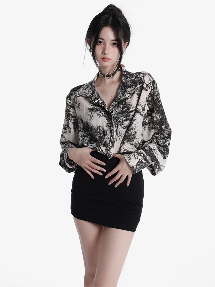 

Spring Autumn Women's Chiffon Floral irt Water Ink Long Sve Loose Fit Mid-Length Original Design Square Collar Blouse