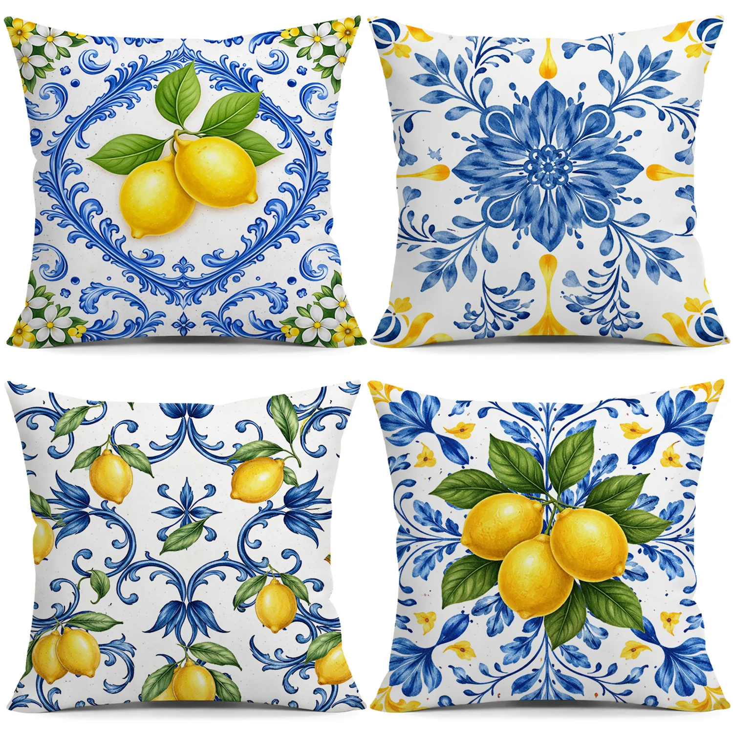 Set of 4 Lemon Blue Floral Cushion Covers Pillow Shams Mediterranean Farmhouse Decorative Throw Pillows Home Decor Accent Linens