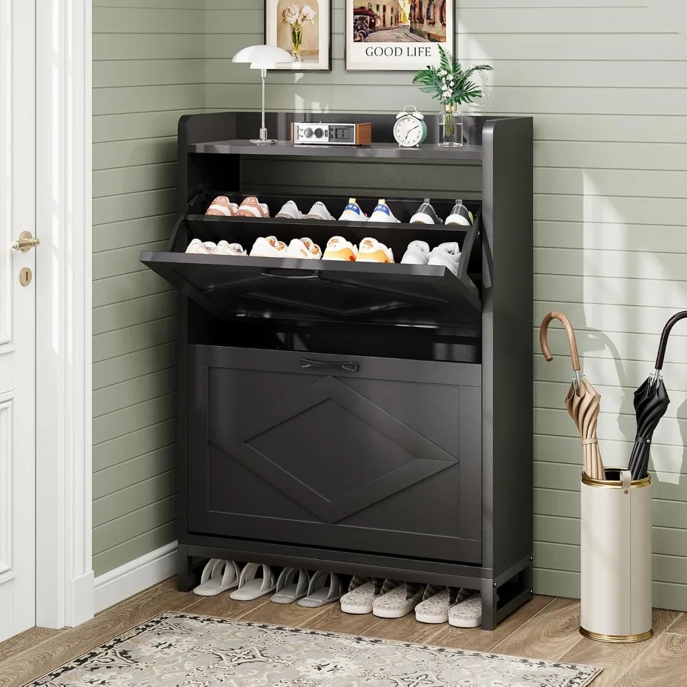 

Shoe Cabinet, Shoe Storage Cabinet with 2 Flip Drawers & Adjustable Shelf, Space-Saving Shoe Organizer – Holds 12+ Pairs, Narrow