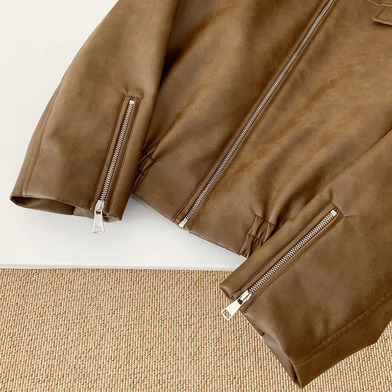 Vintage Short Brown Faux PU Leather Coat Women Spring Autumn Casual Lapel Long Sleeve Female Motorcycle Biker Jacket Streetwear