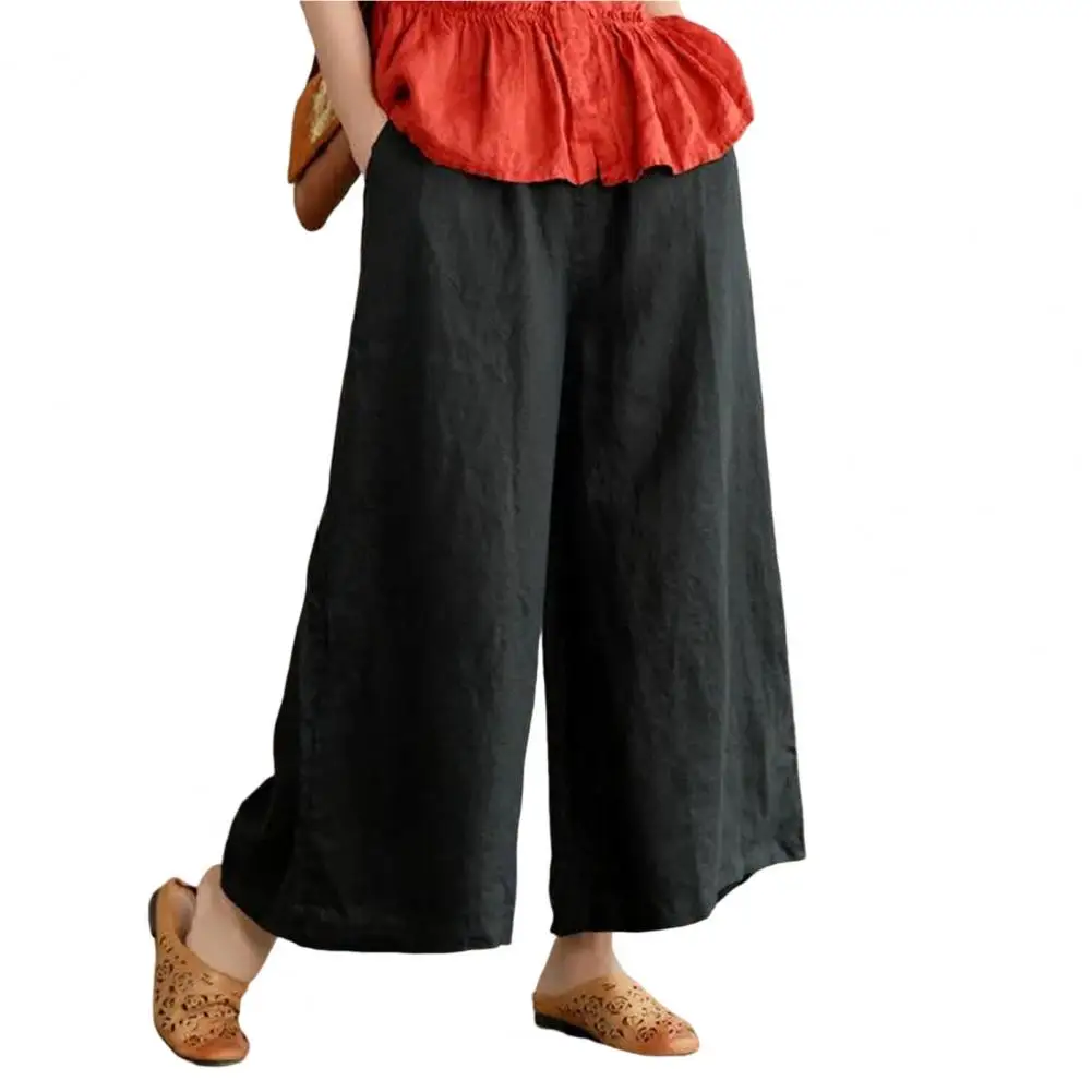 Women Summer Spring Pants Wide Leg Oversized Straight Solid Color Elastic Waist Match Top Pockets Deep Crotch Lady Ninth Pants