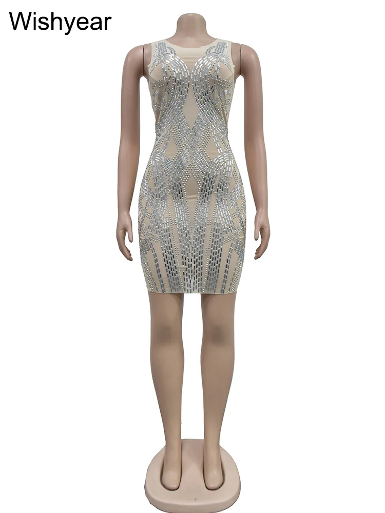 Wishyear Sexy Mesh Rhinestones Crystal Bodycon Mini Dress for Women Sleeveless Evening Party Night Club Dresses Borthday Luxury